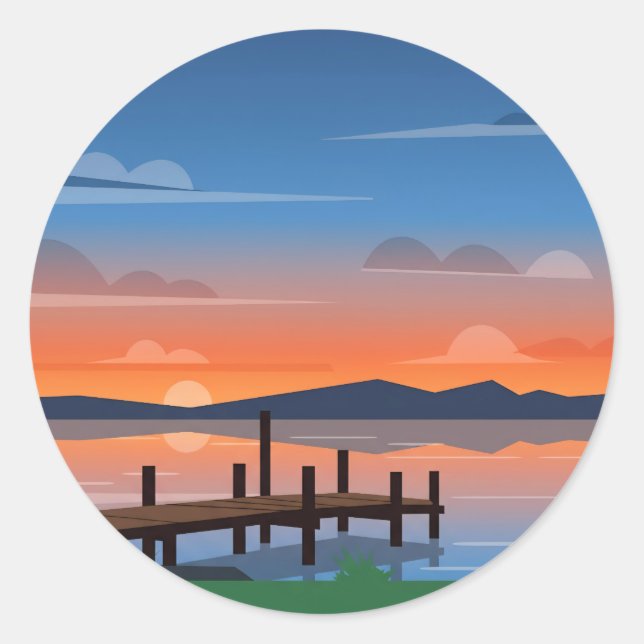 Serene Orange Lake Sunset Dock Scene Runder Aufkleber (Vorderseite)