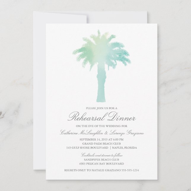 Serene Palm Tree Watercolor | Hochzeitsfeier Probe Einladung (Vorderseite)