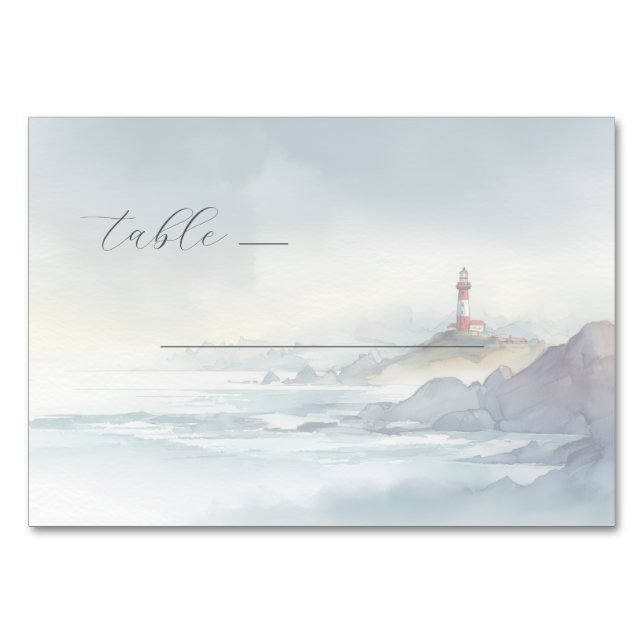 Serene Pastel Watercolor Lighthouse Tischnummer (Vorderseite)