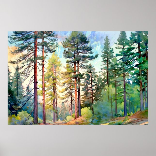 Serene Pine Forest Aquarell Kunst, Dichtung und Mu Poster (Vorne)