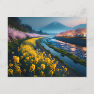 Serene Sakura und Blüten mit majestätischen Bergen Postkarte