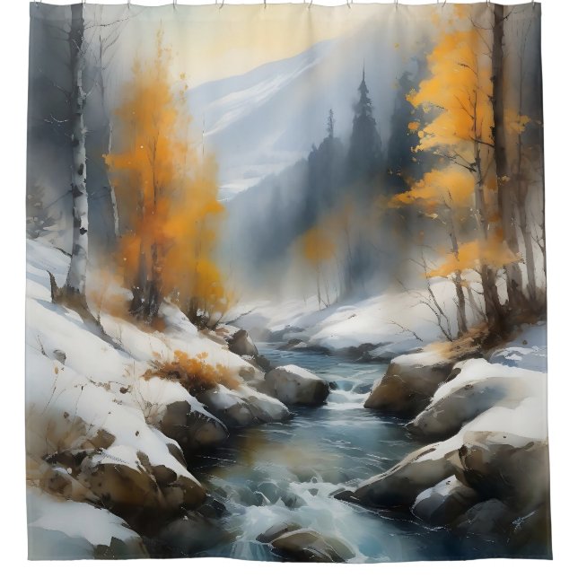 Serene schneebedeckte Flusslandschaft Duschvorhang (Vorderseite)