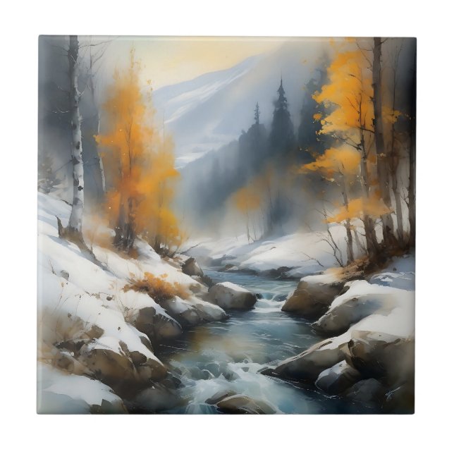 Serene schneebedeckte Flusslandschaft Fliese (Vorderseite)