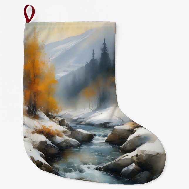 Serene schneebedeckte Flusslandschaft Großer Weihnachtsstrumpf (Vorderseite)