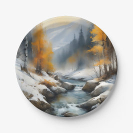 Serene schneebedeckte Flusslandschaft Pappteller