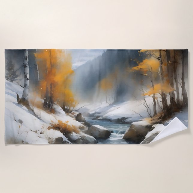 Serene schneebedeckte Flusslandschaft Strandtuch (Vorderseite)