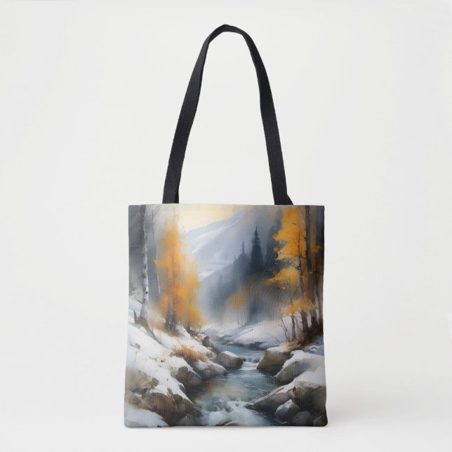 Serene schneebedeckte Flusslandschaft Tasche (Vorderseite)