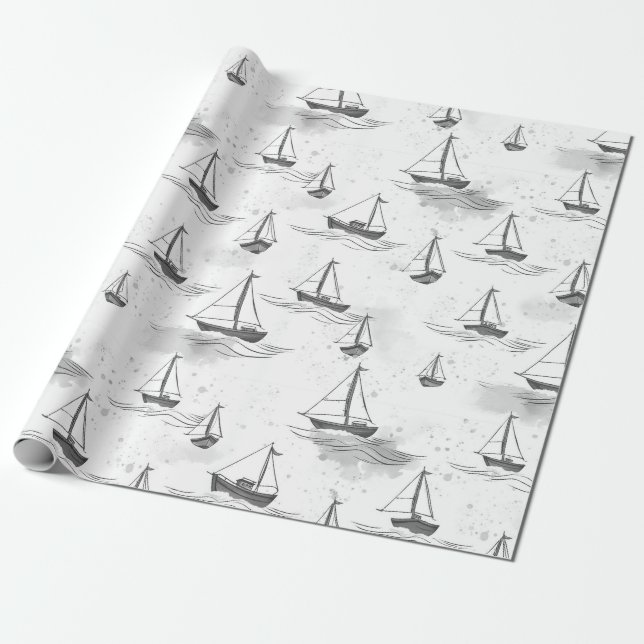 Serene Schwarz-weiße Segelboote auf Sea Pattern Geschenkpapier (Ungerollt)