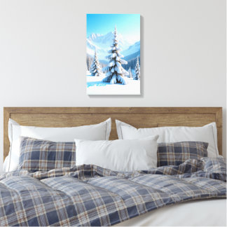 Serene Snowy Mountain Landscape & Winter Pine Tree Leinwanddruck