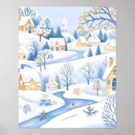 Serene Snowy Village mit Flowstream Poster
