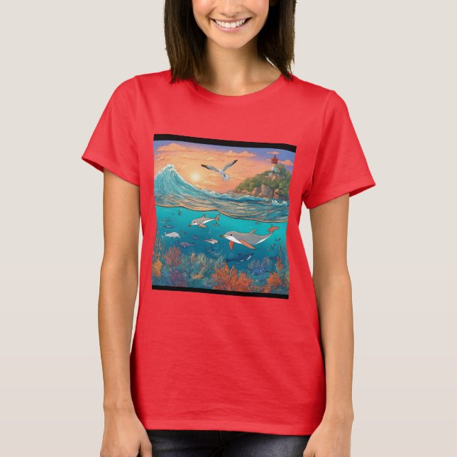 Serene Sonnenuntergang über dem Ozean mit steil an T-Shirt (Vorderseite)