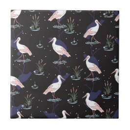 Serene Stork Pond Pattern - Elegante Spiegelungen Fliese