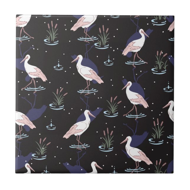 Serene Stork Pond Pattern - Elegante Spiegelungen Fliese (Vorderseite)