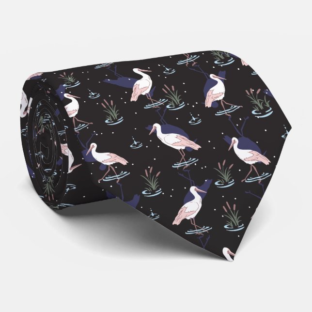 Serene Stork Pond Pattern - Elegante Spiegelungen Krawatte (Gerollt)