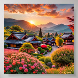 Serene Sunset Over Japanese Garden, Landschaft Poster