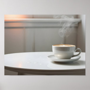 Serene Szene: Weißer Tisch mit einem Dampfcup Poster