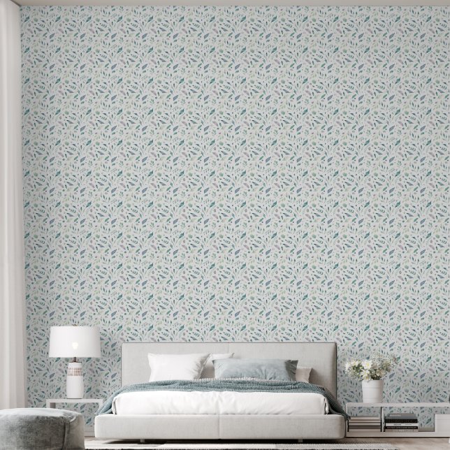 Serene Teal & Sage Leaves Tapete (Schlafzimmer)