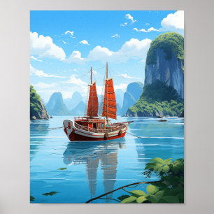 Serene traditionelle Dschunke in Vietnams Smaragd  Poster