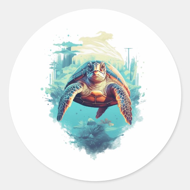 Serene Underwater Turtle Runder Aufkleber (Vorderseite)
