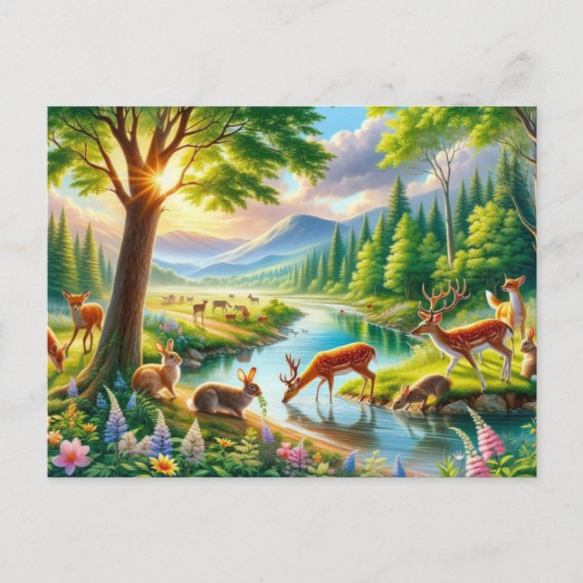 Serene verzauberter Wald mit Tieren Malerei Postkarte (Vorderseite)