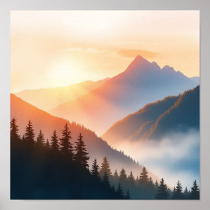 Serene Wasserfarben-Berglandschaft-Wandkunst Poster