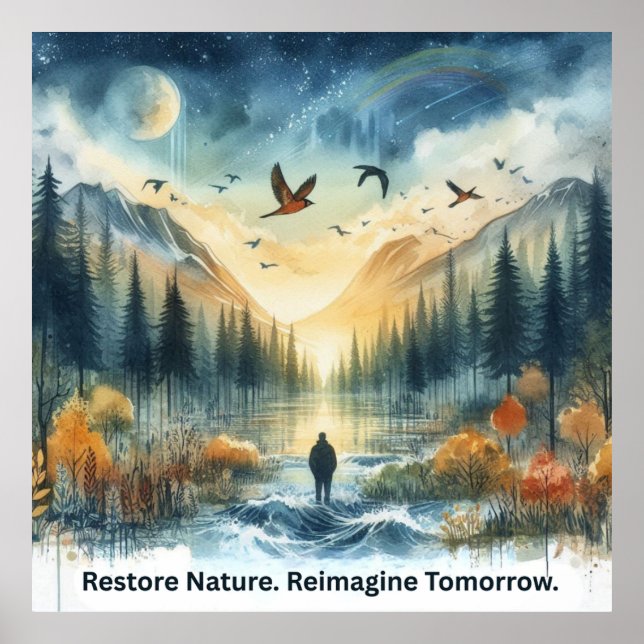 Serene Watercolor Natur Landschaft mit Falken Art Poster (Vorne)