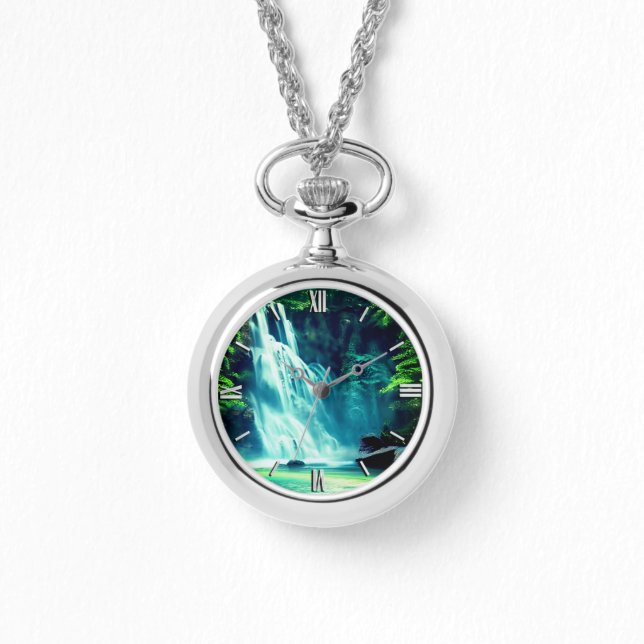 Serene Waterfall in Pale Blue und Green Armbanduhr (Vorderseite)