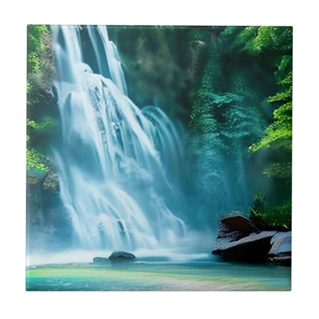 Serene Waterfall in Pale Blue und Green Fliese (Vorderseite)