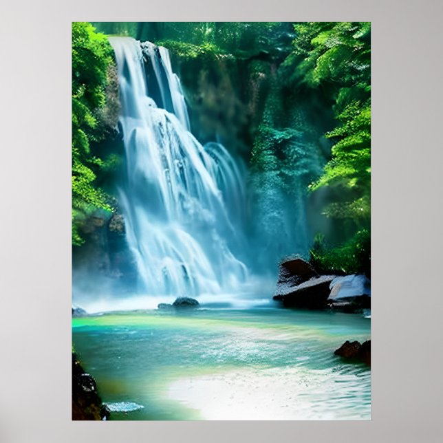 Serene Waterfall in Pale Blue und Green Poster (Vorne)