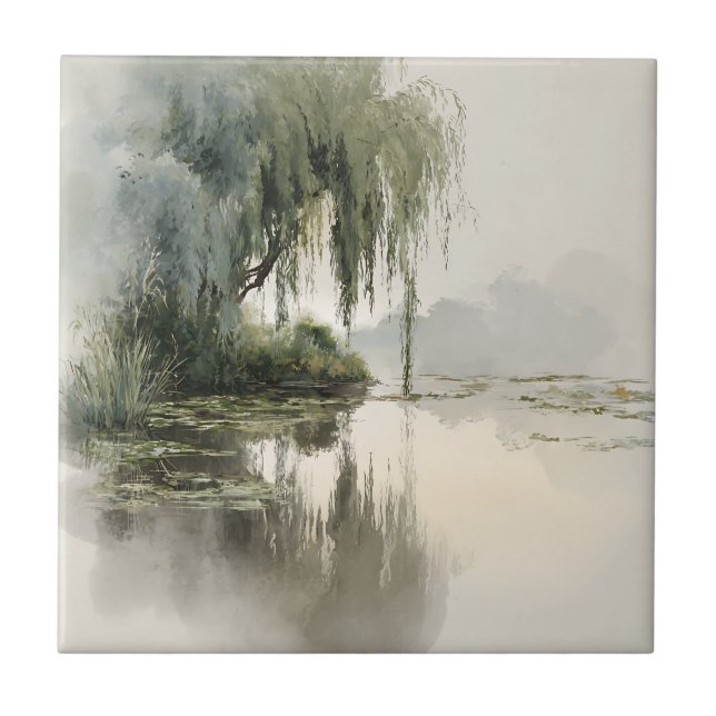 Serene Weidenbaum-Reflexion Naturkunst (2) Fliese (Vorderseite)
