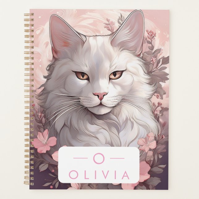 Serene White Cat Planner mit Name und Monogramm Planer (Vorderseite)