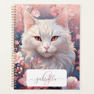 Serene White Cat Planner mit Name und Monogramm Planer