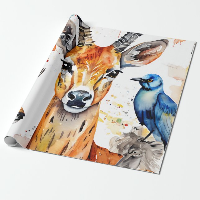Serene Wildlife Watercolor Collage Geschenkpapier (Ungerollt)