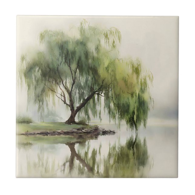 Serene Willow Tree Reflection Nature Art (12) Fliese (Vorderseite)