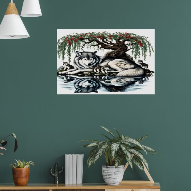 Serene Wolf Familienaase in idyllischer Natur36x24 Poster (Wohnzimmer 1)