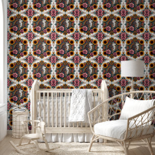 Serene Wolf & Sonnenblumen Rose Elegante Tapete