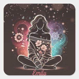 Serene Woman in einem kosmischen Blumentraum Quadratischer Aufkleber