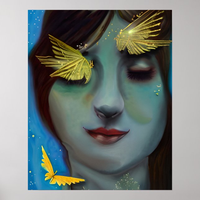 Serene Woman mit Gold Fairylike Butterflies Poster (Vorne)