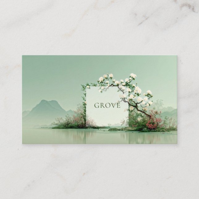 Serene Zen Garden White Rose Floral Frame Mountain Visitenkarte (Vorderseite)