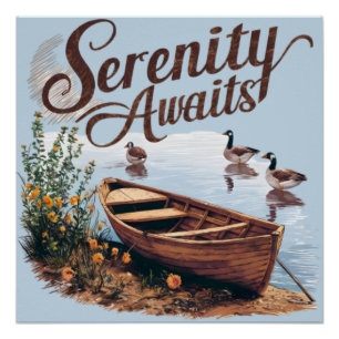 Serener Seeboot mit Gänsen und Wildblumen Poster