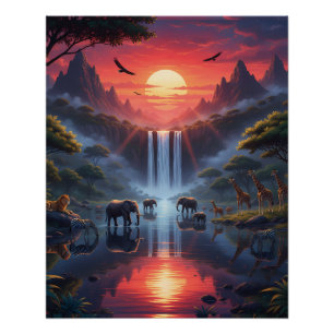Serengeti-Sonnenuntergang: Eine Oase der Wildtiere Poster