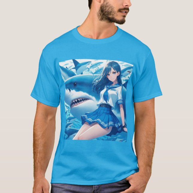 Serenidad Submarina: Marinera y Tiburón Blanco T-Shirt (Vorderseite)
