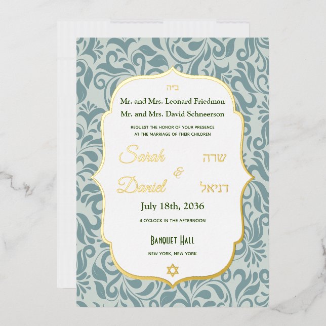 Serenit Blue Brocade Blüh Wedding Gold Folieneinladung (Briefumschlag)