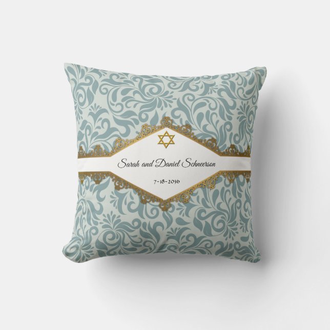 Serenity Blue Brocade Gold Lace Wedding-Geschenk Kissen (Vorderseite)