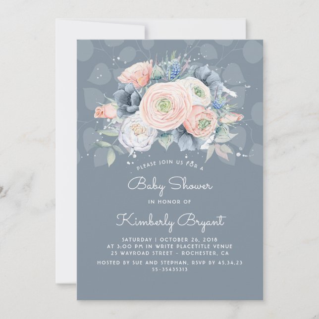 Serenity Blue Peach and Rose Floral Baby Dusche Einladung (Vorderseite)