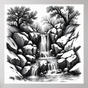 Serenity Falls: Wasserfall Wasserfall Holzkohle Ar Poster