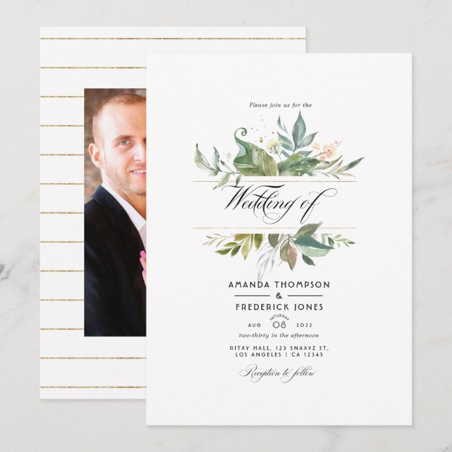 Serenity Greenery Geometric Wedding Foto Einladung (Vorne/Hinten)