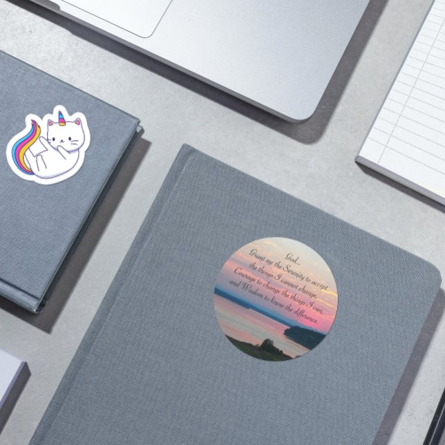 Serenity Prayer Pink Seascape Sunset Foto Runder Aufkleber (In Situ)