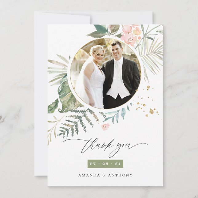 Serenity Watercolor Greenery Geometric Wedding Dankeskarte (Vorderseite)