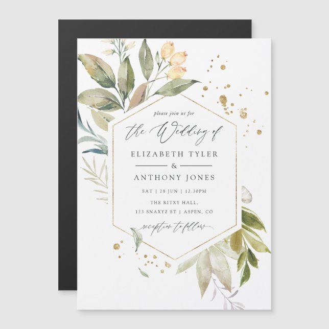 Serenity Watercolor Greenery Geometric Wedding Magneteinladung (Vorne/Hinten)